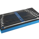 A chrome long handle wrench set in a foam case