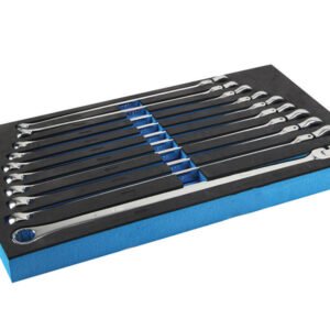 A chrome long handle wrench set in a foam case
