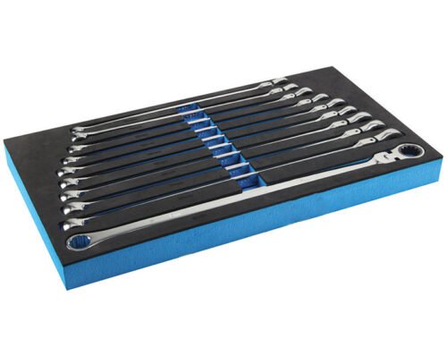 A chrome long handle wrench set in a foam case