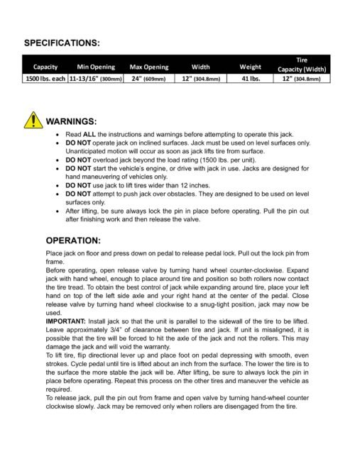 ATD Tools 1,500 lbs. Hydraulic Vehicle Position Jack ATD-7465A — Owner's Manual Page 2 ATD Tools 1,500 lbs. Hydraulic Vehicle Position Jack ATD-7465A — professional automotive repair service