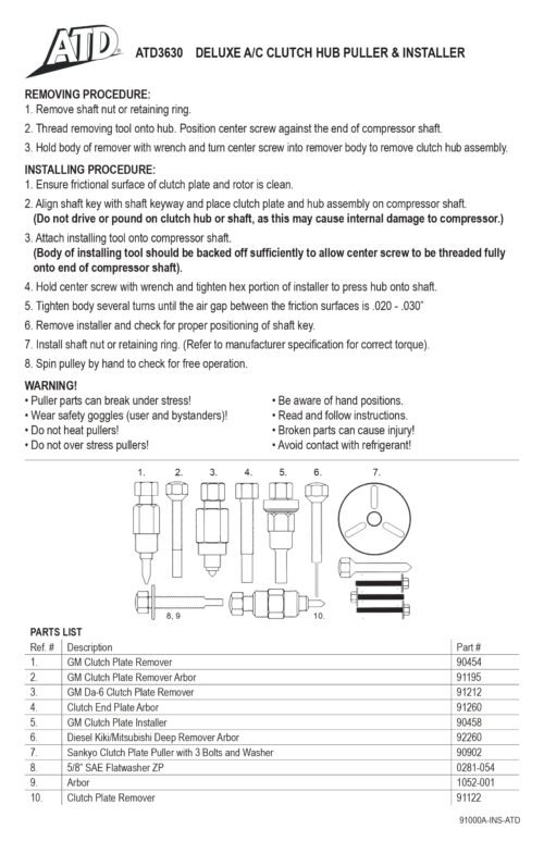 ATD Tools ATD-3630 Deluxe A/C Clutch Hub Puller Installer Kit — Owner’s Manual