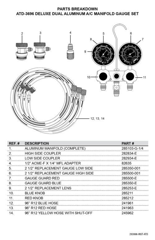 ATD Tools 96" Dual Aluminum Manifold Gauge Set ATD-3696 — professional automotive repair service