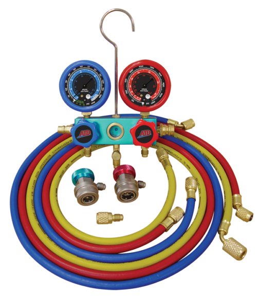 ATD Tools 96" Dual Aluminum Manifold Gauge Set ATD-3696 — Front View ATD Tools Manifold Gauge Set ATD-3696 — AC system pressure diagnostic charging
