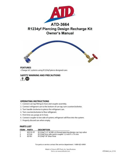 ATD Tools R1234YF Recharge Kit-Screw On ATD-3664 — professional automotive repair service