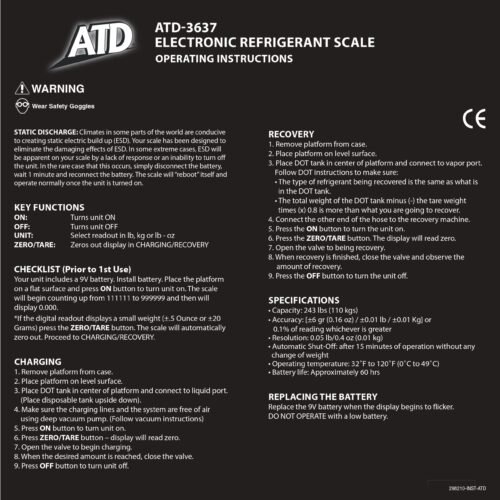 ATD Tools ATD-3637 Electronic Refrigerant Charging Scale — instruction manual