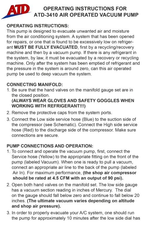 ATD Tools 4.2 CFM Air Operated Vacuum Pump ATD-3410 — Owner's Manual Page 1 ATD Tools 4.2 CFM Air Operated Vacuum Pump ATD-3410 — AC system evacuation service