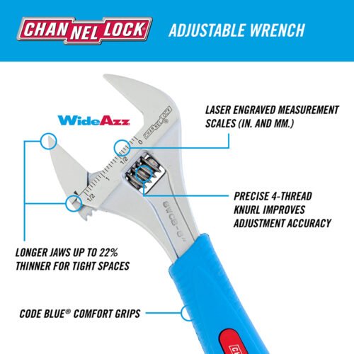 Channellock 8" Adj Wrench, WIDEAZZ®, Chrome, CODE BLUE® 8WCB — adjustable nut bolt fastener work