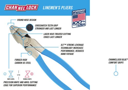 Channellock 9.5" HL Linemens Plier, XLT™, Round Nose 369 — electrical wire twisting cutting gripping