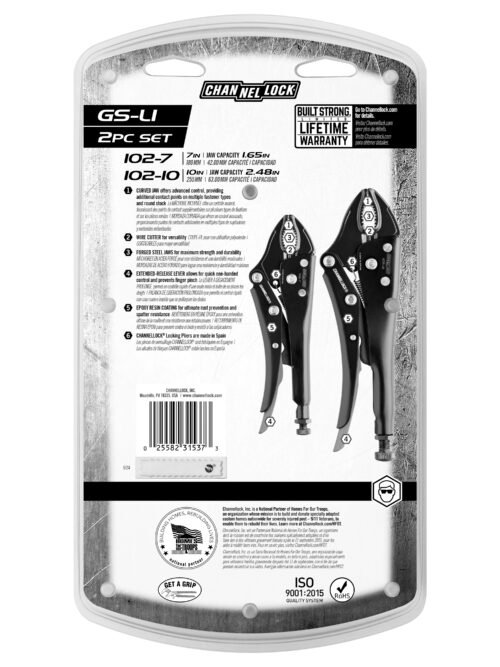 Channellock 2pc Curved Jaw Locking Pliers Set, 7", 10" GS-L1 — 2-Pc. Package Back View Channellock Locking Plier Set GS-L1 — pipe fitting gripping plumbing assortment
