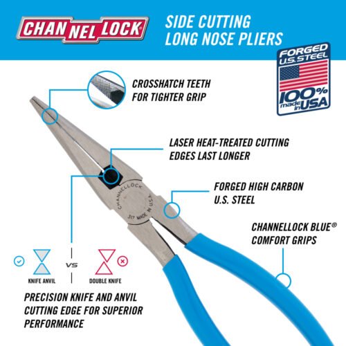 Channellock 8" Long Nose Plier, Side Cutter 317 — precision gripping reaching confined spaces