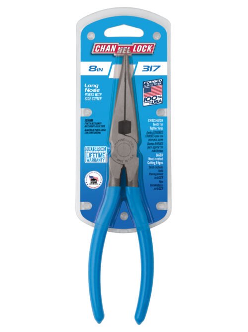 Channellock 8" Long Nose Plier, Side Cutter 317 — precision gripping reaching confined spaces