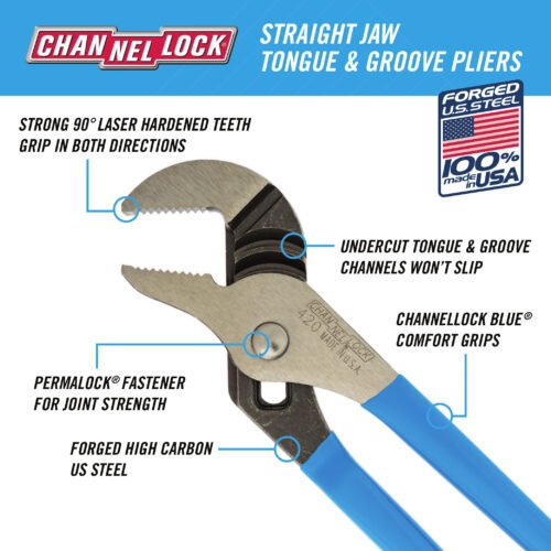 Channellock 9.5" Tongue & Groove Pliers, Straight Jaw 420 — gripping pipe fittings plumbing repairs