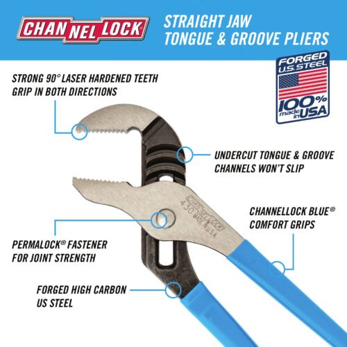 Channellock 10" Tongue & Groove Pliers, Straight Jaw 430 — gripping pipe fittings plumbing repairs