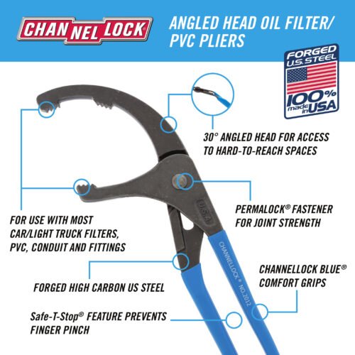 Channellock 2012 12-inch Oil Filter/PVC Angled Head Pliers — tongue & groove feature detail